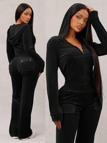 Radiana 女式性感休闲灰蓝色天鹅绒运动服，拉链连帽衫 + 阔腿裤两件套，舒适柔软，适合休闲、运动、居家或外出 - 黑色 - 查看 6