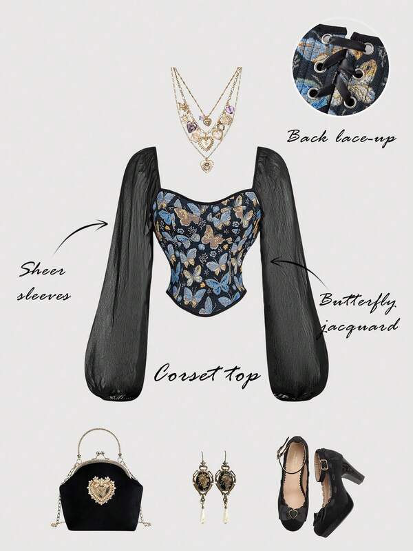 SHEIN MOD Women's Butterfly Jacquard Pattern Back Tie Blouse Fairy Top Butterfly Top,Autumn/Winter,Halloween Clothes For Women,Goth,Thanksgiving Outfit For Women,Christmas Women's Clothing,New Year Outfit,Vintage Long-Sleeve Corset,Jacquard Fabric With Butterfly Pattern,Black Sheer Sleeve