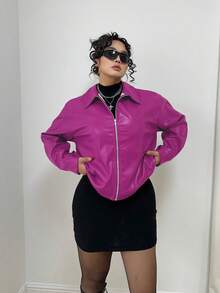 POPSWAY Große Größen Jacke mit offenem Reißverschluss, einfarbig, aus PU-Leder, mit Langarm und Kragen