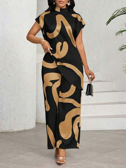 SHEIN Lady Elegant Commuter Simple Geometric Print Two Pieces Set Women Two Pieces Outfits Summer Outfits For Women Vacation Outfits Woman 2 Pieces Sets Woman Black And Gold Print Set Women Casual Pants Set Short Sleeve Top And Pants
