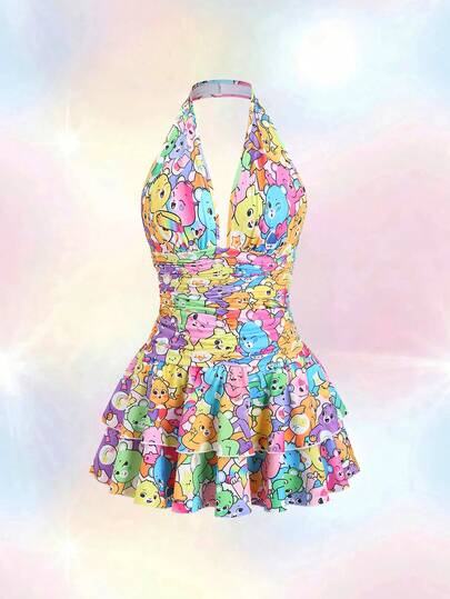 SHEIN Unity Vestido corto con cuello en V profundo, espalda descubierta, fruncido, volantes en capas y estampado de dibujos animados coloridos para mujer