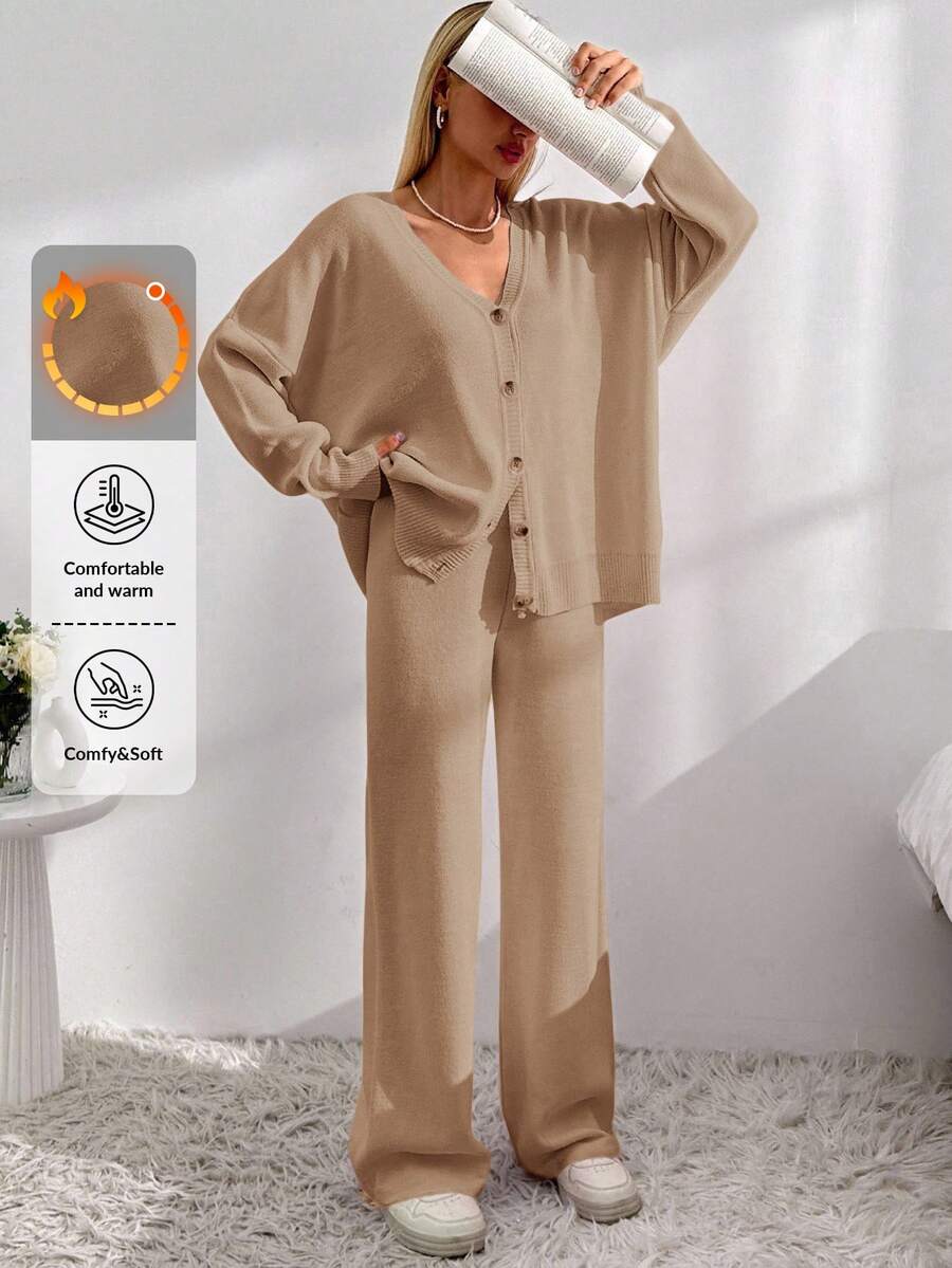 EURMUSE Áo khoác cardigan trễ vai và quần dệt kim buộc phía trước - Lạc đà - Xem 1