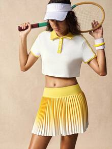 VARSIVA POLO Collar Tennis Skirt Set, Bright Yellow Color-Blocked Pleated Mini Skirt With Built-In Shorts. - Multicolor - View 5
