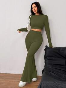 SHEIN EZwear 2 件套女式休闲纯色针织圆领长袖短款修身 T 恤和高腰喇叭裤 - 軍綠色 - 查看 6