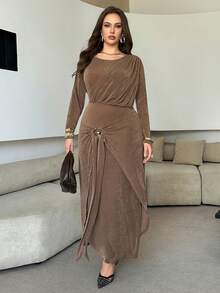 Modelyn 大码女式优雅秋冬针织褶饰修身长款休闲连衣裙 - 駝色 - 查看 4