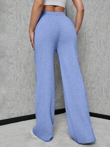 SHEIN Tall Damen einfarbige minimalistische Strickhose mit Kordelzug in der Taille, für den Alltag, burgunderrote Hose, für große Frauen - Babyblau - Übersicht 2