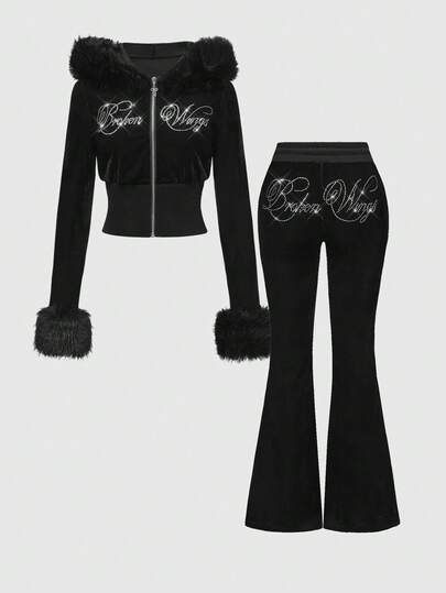 J-Fashion 2 pièces Ensemble de Sweat-shirt en velours avec strass style Y2K pour femmes, automne/hiver