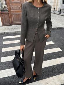 Pariaura Setelan Jaket dan Celana Panjang Wanita Gaya Vintage Kerah Bulat Lengan Panjang Kancing Tunggal, Musim Gugur - Coklat - View 3