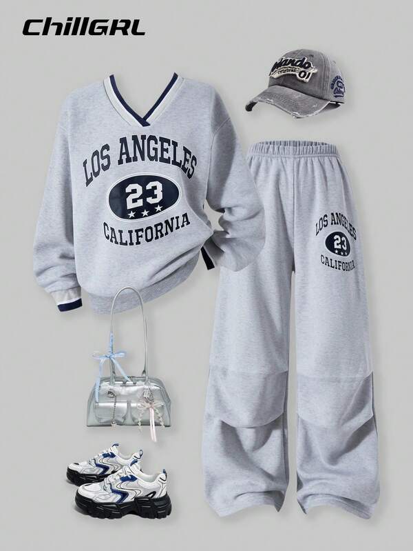 SHEIN 2pcs/Set Girls Casual Fleece V-Neck Loose Sweatshirt And Wide Leg Pants Outfit, Autumn/Winter Fall