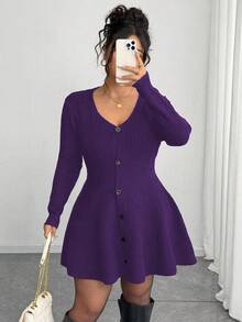 Elenzga Cardigan Wanita Ukuran Besar Elegan Warna Polos Kerah V Kancing Depan, Musim Gugur/Dingin - Purple - View 1