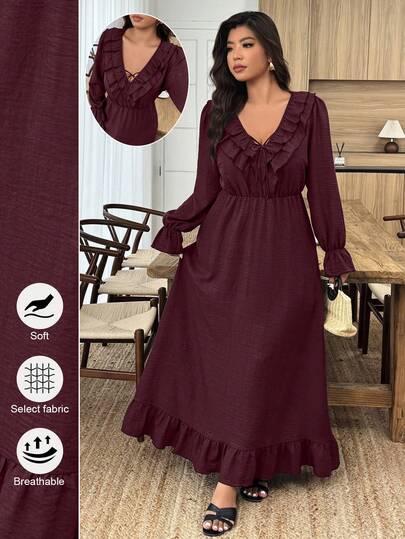 Weeklong Plus Size Women Solid Color Ruffle Trim Front Tie Long Sleeve Elegant Dress