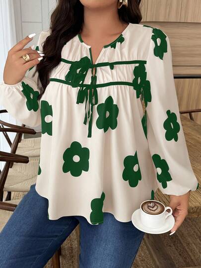 EMERY ROSE Plus Size Women Floral Print V-Neck Front Tie Lantern Sleeve Blouse