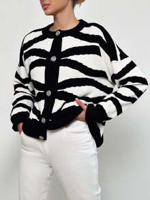 Cloudara Allover Pattern Drop Shoulder Button Front Cardigan - Black and White - View 5