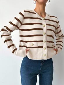 EURMUSE Striped Pattern Button Front Cardigan - Multicolor - View 5