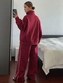 DAZY 2pcs Women Contrast Color Trim Long-Sleeved Jacket And Pant Set