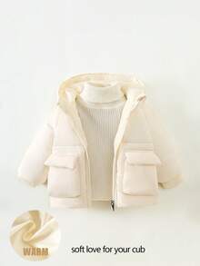 SHEIN Playful Pals Áo khoác mùa đông dày dặn phong cách thường ngày ấm áp có mũ trùm đầu cho bé gái từ 6 tháng đến 3 tuổi - Màu be - Xem 1