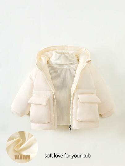 SHEIN Playful Pals 6个月至3岁女婴冬季常规厚度外套休闲风格保暖连帽棉服夹克