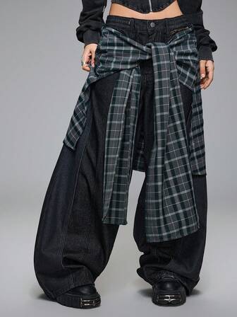 Grunge Punk Jeans larghi da donna a vita super bassa con design asimmetrico a patchwork a quadri neri e grigi, super morbidi