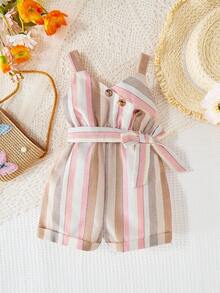 寶寶女孩夏季紋路牛仔露背連身裝，適用於休閒及假期，並帶腰帶