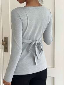 SHEIN LUNE Áo thun nữ cổ vuông tay dài màu trơn thiết kế thắt nút eo đơn giản - Xám - Xem 2