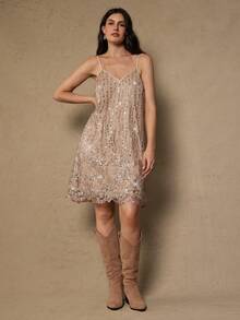 Freevana Plus Size Vintage 1920s Sequin Embroidered Romantic Party Holiday New Year Christmas Shiny Sequin Slip Dress For Women