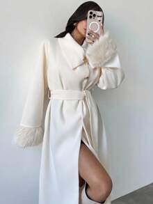 Firerie 女士优雅简约基本款休闲时尚办公室通勤卡其色长款宽松夹克，带毛领和袖口，秋冬，优雅，商务休闲，驼色，长袖 - 杏色 - 查看 7