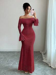 Selianne Elegant Fashion Young Minimalist Versatile Fitted Off-Shoulder Flared Sleeve Mermaid Midi Dress For Women, Autumn - Dark Red - View 5