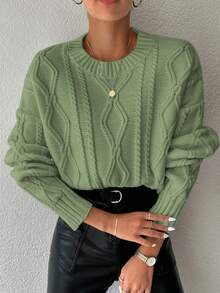 EURMUSE Ladies' Casual Round Neck Dolman Sleeve Geometric Pattern Knitted Sweater For Autumn/Winter - Hijau - View 3