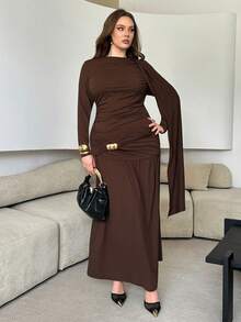 Modelyn Vestido de manga larga con diseño de pliegues para mujer de talla grande en otoño