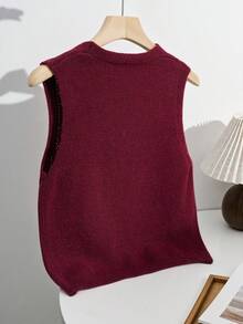 Sweetra Autumn/Winter Bowknot Strap Khaki Embroidered V-Neck Cute Retro Knit Cardigan Vest, Christmas - Burgundy - View 2