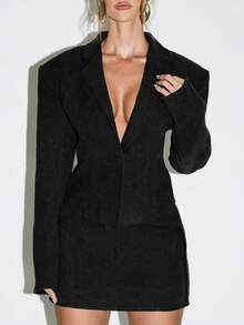 KIZN Suede Blazer With Deep V Neckline Long Sleeve Mini Jacket - Black - View 1