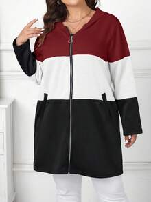Plus Size Casual Everyday Contrast Color Zip-Up Hooded Jacket, Autumn