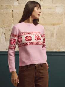 lacRébo Pink Cosy Jumper With Red Floral Pattern Vintage Cute Winter Knitwear New Year Office Spring Summer - Multicolor - View 6