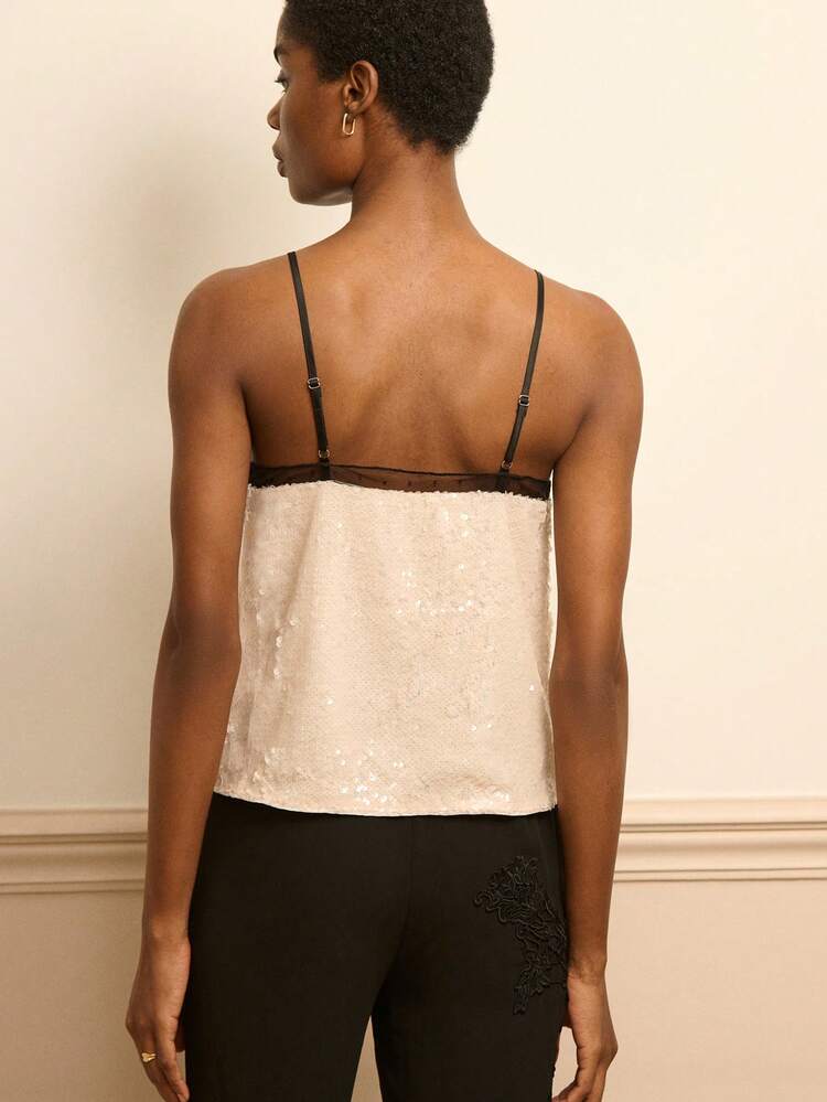 Top de cami con lentejuelas con borde de malla a lunares en contraste negro, top de fiesta brillante para primavera y verano, top de fiesta premium