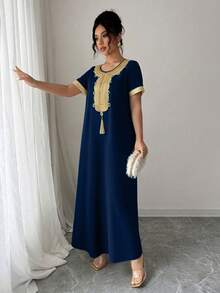 Rafferiza 女士金色蕾丝边圆领短袖流苏装饰宽松连衣裙 - 藏蓝色 - 查看 7