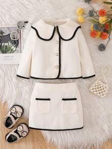 Souflis Souflis 2 件套幼儿女童时尚休闲百搭长袖夹克和裙子上衣，适合春季、秋季、冬季、居家、户外、返校、假日、日常穿着 - 杏色 - 查看 4