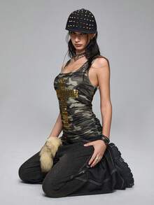 ROMWE Grunge Punk Y2K Punk Camouflage Gold Cross Rivet Fitted Tank Top For Women - Multicolor - View 8