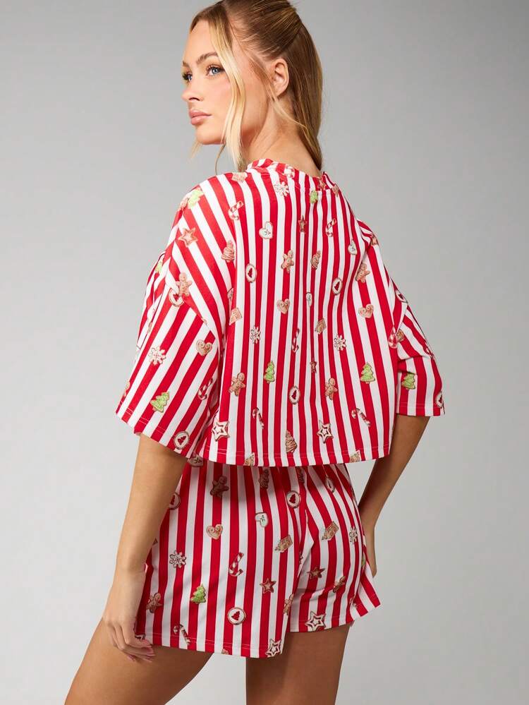 MISSGUIDED Christmas Striped Pajama Set For Women Holiday Sleepwear With Gingerbread Print Crop Top Shorts Lounge Set