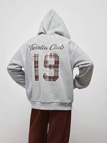 Tween Girl Plaid & Letter Print Hooded Long Sleeve Jacket - Light Grey - View 5