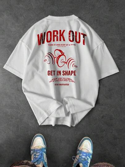 Sport MetroGents T-shirt de sport à manches courtes pour hommes, imprimé lettres haltère, style décontracté