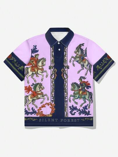 Street Life Polo da uomo con stampa retrò a colori a contrasto e patchwork