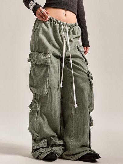 Easelle Washed Green Wide-Leg Sweatpants Long Style Washed Color Autumn And Winter Nomadic Retro Style