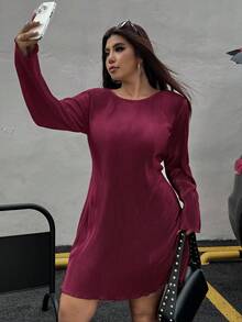 SHEIN EZwear 大码女式纯色圆领长袖休闲短款连衣裙 - 酒紅色 - 查看 5