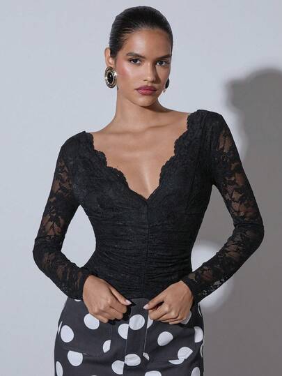 COSMINA Blusa feminina elegante com decote em V profundo e renda, manga comprida e franzida, adequada para festas, encontros e banquetes, outono/inverno