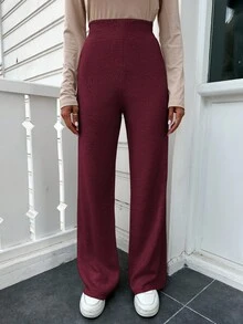 SHEIN Cottnline Solid Wide Leg Knit Pants - Burgundy - View 5