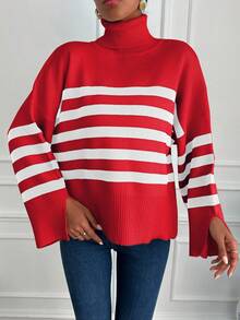 SHEIN Cottnline Striped Pattern Turtleneck Drop Shoulder Split Cuff Sweater - Red - View 5