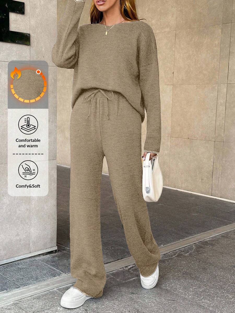 EURMUSE Women's Knitwear Co-Ords With Stitch Detail,Loungewear Set,Petite,Winter Clothes - Camel - View 1