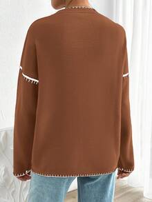 EURMUSE Women Solid Color Deep V-Neck Handmade Stitch Detailed Cardigan - Brown - View 2