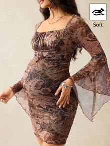 Boho Mama Vintage Floral Print Flare Sleeve Maternity Dress, Elegant For Autumn Pregnancy Photoshoot Dress Pregnant Dress Boho Maternity Dress Earth Tone Dress Sheer Dress Women  Brown  Beach Dress