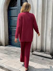 Chiquease 3 Stücke Damen Lässig einfarbiger Cardigan, Stehkragen Pullover und Hose Set, Herbst/Winter - Bordeaux - Übersicht 2